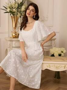 Modelyn Vestido midi elegante y estilizador con cuello cuadrado, encaje jacquard floral y escote cuadrado para uso diario y oficina de la mujer - Blanco - Ver 7