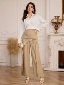 Modelyn 女士休闲通勤侧系腰宽松垂坠修身裤 - 卡其色 - 查看 5