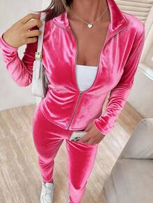 SHEIN EZwear Pink Velvet Two Pieces Set Yoga Sportswear Zip Up Jacket & Leggings Hot Pink Set Woman 2 Piece Set 2 Piece Lounge Sets Woman Pink Matching Set Pink 2 Piece Set - Hot Pink - View 4