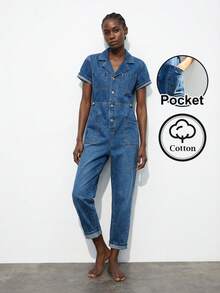 Maija 女士纯色休闲短袖牛仔连体裤 - 中等水洗藍 - 查看 2