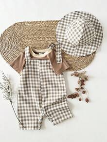 SHEIN Baby Boy Regular T-Shirt, Suspender Snap Crotch Plaid Romper Set With Plaid Hat - Coffee Brown - View 1