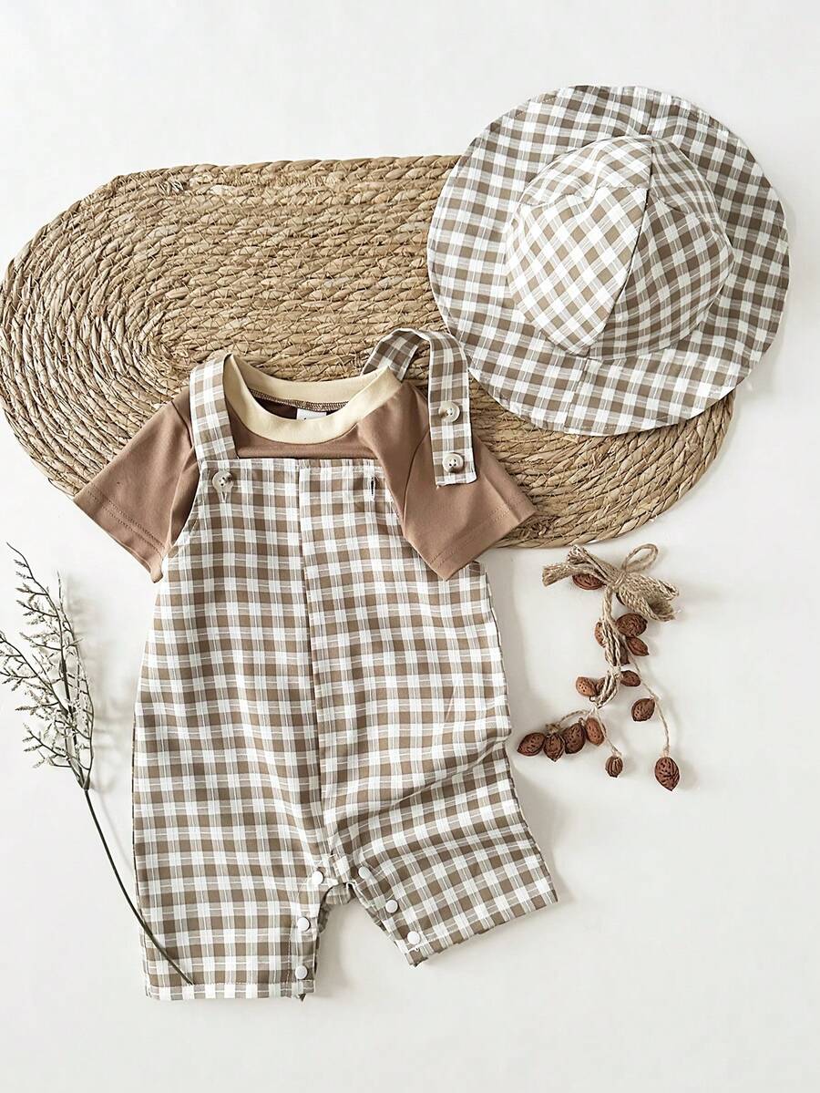 SHEIN Baby Boy Regular T-Shirt, Suspender Snap Crotch Plaid Romper Set With Plaid Hat - Coffee Brown - View 1