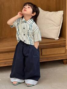 DAZY Contrast Striped Cuffed Hem Loose Wide-Leg Jeans, Casual Daily Commute Vacation Style For Young Boys