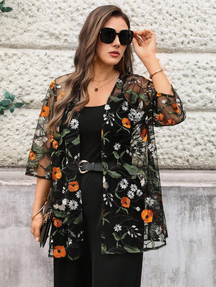Plus Size Floral Embroidery Sheer Casual Versatile Jacket For Summer/ Vacation Summer Kimono Black Kimono Summer Outfits Curve Kimono