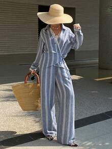 DAZY 2pcs Women Lace Patchwork Shirt Top And Casual Pants Set - Navy Blue - View 4