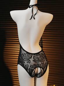 1pc Women's Sexy Hollow Mesh Halter Tie-Up Crotchless Bodysuit, Lingerie For Women,Sexy,Valentine's Day,Sexy Lingerie, Mesh Bodysuit Fishnet Bodysuit - Black - View 8