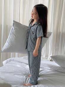 DAZY 2件套女童格子短袖上衣和裤子家居服套装，秋季 - 藏蓝色 - 查看 4