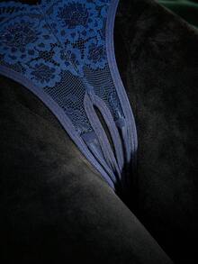 SpicyHot Women's Ultrasensual Hollow-Out Blue Lace Trim Milk Silk Bra + Panty 2 Pieces Set - Navy Blue - View 3