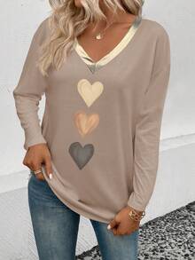 EMERY ROSE V-Neck Long Sleeve Casual Fashion Heart Print Gold PU Collar Women T-Shirt - Multicolor - View 3