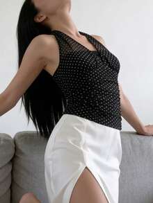 Franclia 2026 New Arrival Women's Halter Mesh Top - Black & White Polka Dot Ruffled Design, Summer Minimalist Blouse For Casual & Office Wear - Black and White - View 7