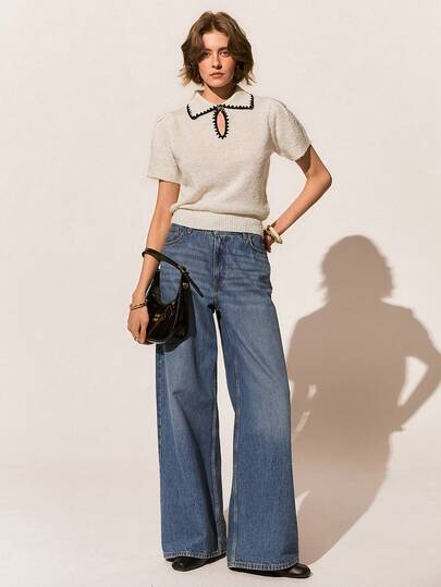 Poéselle New Spring/Autumn Korean Style Commuting Chic Butterfly Metal Buckle Women Knit Top