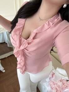 Vibekara Áo kiểu nữ cỡ lớn với viền bèo nhún và eo thắt - Hồng - Xem 6