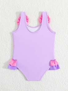 Infant/Toddler Girls' Cute Cat Print Pattern Pink & Purple 3D Bow Ruffle Trim Comfortable Stretch Active Swimsuit Toddler Girl Swimwear Purple Baby Girl One Piece Swimsuit Baby Girl Bathing Suit With Cat Print Baby Girl Swimsuit Purple