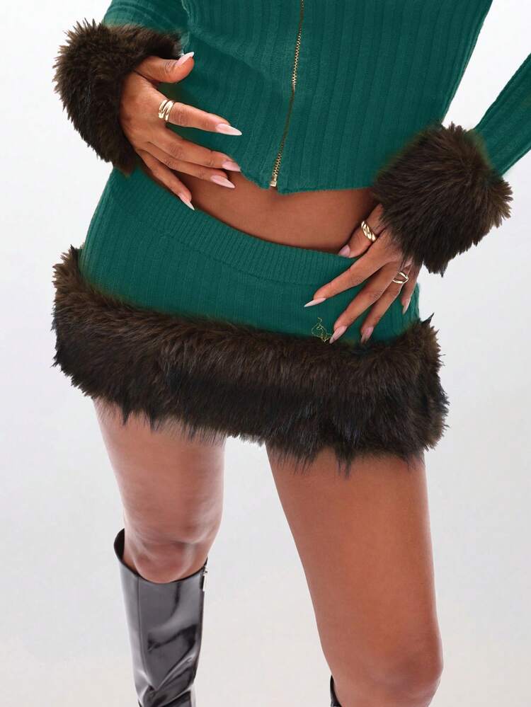 BABYPHAT Knit Mini Skirt With Faux Fur Trim Ribbed Texture Fall Winter Fashion