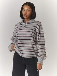 MUSERA 宽松针织条纹翻领纽扣长袖 Polo 衫，春季可爱休闲 Y2K 90 年代条纹周日最佳超大毛衣，机场返校冬季日常晚宴派对优雅春季款 - 灰色 - 查看 1