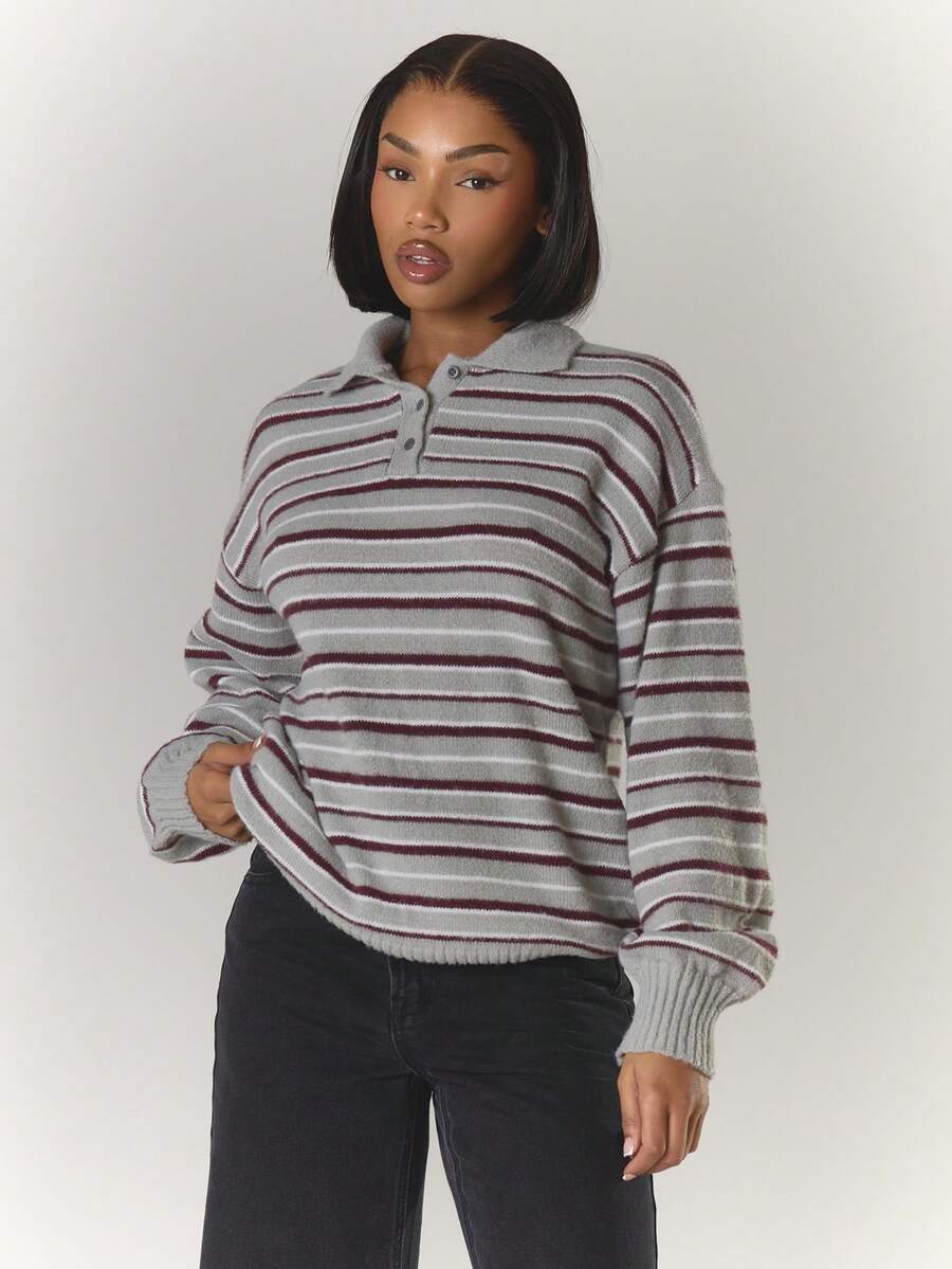 MUSERA 宽松针织条纹翻领纽扣长袖 Polo 衫，春季可爱休闲 Y2K 90 年代条纹周日最佳超大毛衣，机场返校冬季日常晚宴派对优雅春季款 - 灰色 - 查看 1