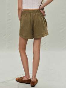 SHEIN Holidaya Chic Women's Green Woven Fabric Mini Length Track Shorts Casual Plain Style With Front Buttons - Green - View 2