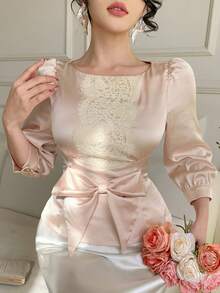 DAZY 春夏镂空蕾丝拼接泡泡袖上衣，优雅百搭，适合情人节、婚礼、派对、正式场合，时尚修身，蝴蝶结腰带，金属纽扣装饰 - 粉色 - 查看 4