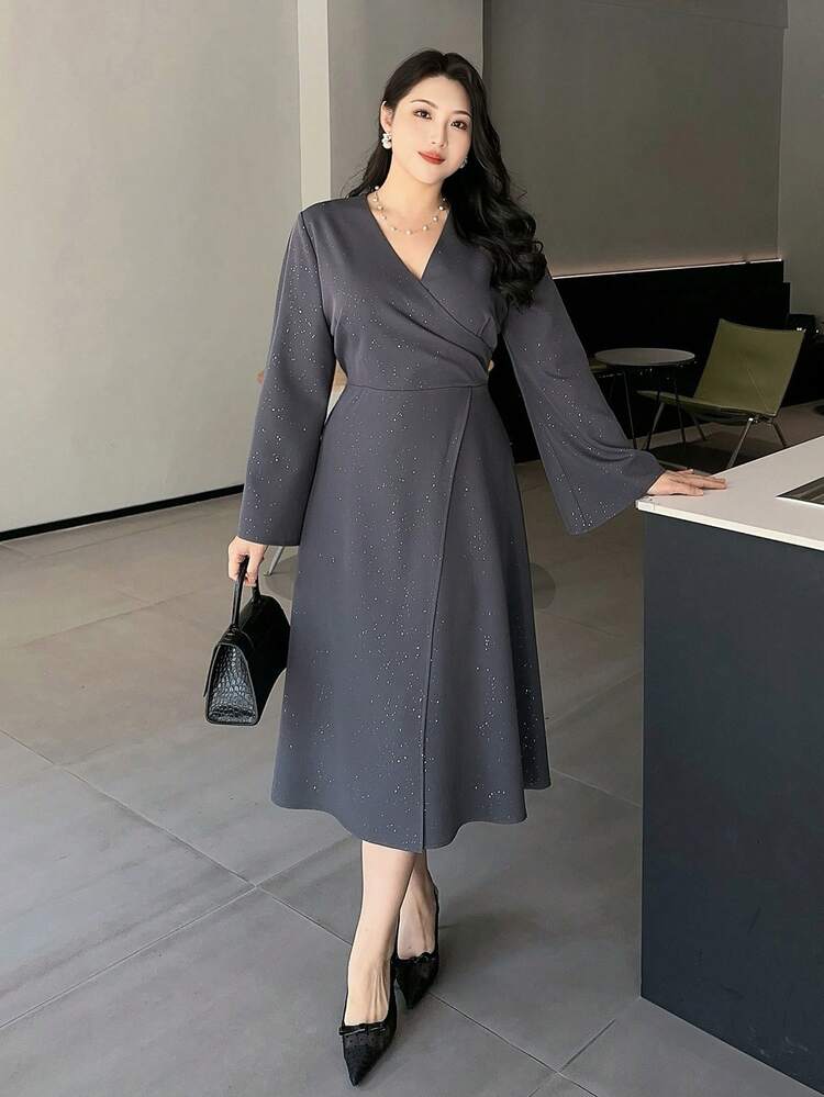 Dazy Plus Plus Size Solid Color V-Neck Wrap Ruched Elegant Long Sleeve Dress Sundress