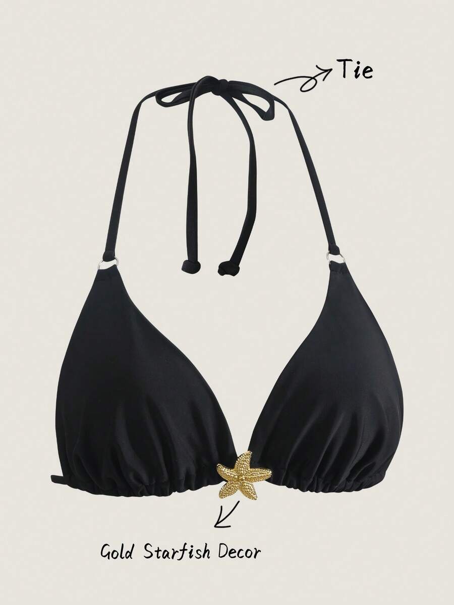 Elavelle Women's Summer Halter Neck Solid Color Metal Starfish Decor Sexy Bikini Top - Black - View 1