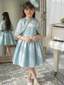 SHEIN Váy dự tiệc Giáng sinh cho bé gái tuổi teen, đính sequin và nơ trang trí. - màu xanh lá - Xem 7