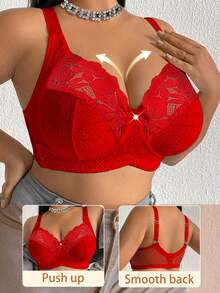 DesireSculpt 1pc Plus Size Lace Patchwork Wireless Bra - Red - View 5