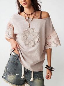 Bohemela 女士休闲纯色针织圆领短袖宽松T恤 - 粉色 - 查看 6