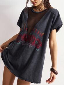 Bohemela Casual Solid Color Knit Round Neck Short Sleeve Loose Washed Women Mini Dress - Black - View 7