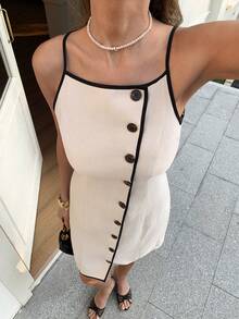 Elyressa Button Decor Contrast Color Sleeveless Fitted A-Line Casual Dress For Women - Apricot - View 4