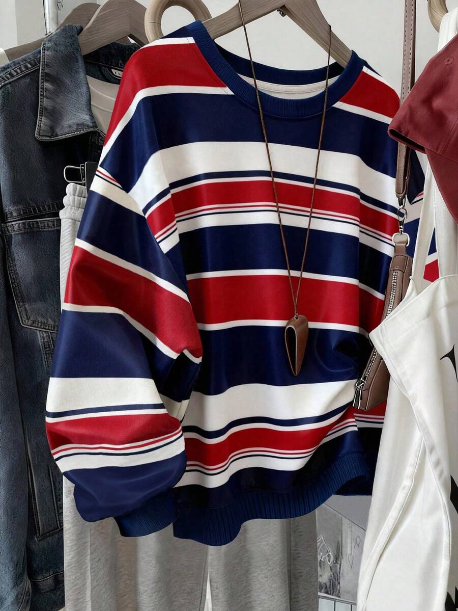SHEIN 韩版时尚百搭彩色条纹图案卫衣,适合外套、摄影、露营、秋季、冬季、返校季穿着,女士常规圆领 - 彩色 - 查看 1