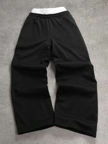 PAVTROS Plus Size Men's Casual Fashion Street Daily Commute 2 In 1 Drawstring Waist Embroidered Loose Wide-Leg Sweatpants 2pcs Men's Elastic Pants Men Black Cargo Shorts Men's Short Pants Men's Street Wear Shorts Techwear Pants - Black - View 2