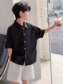 SHEIN 1件装青少年男童休闲舒适百搭字母印花蝙蝠袖衬衫，适合春夏穿着 - 黑色 - 查看 3