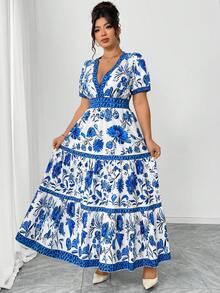 SHEIN Elenzya Đầm maxi dáng chữ A tay phồng ngắn, xếp ly, in hoa, cỡ lớn, thanh lịch cho các buổi đi chơi, hẹn hò, tiệc tùng, trà chiều, kỳ nghỉ. - Nhiều màu - Xem 4