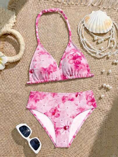 Tween Girls Floral Bikini Sets, Adjustable Halter 2 Pieces Swimsuit, Knit Fabric, Fashionable & Elegant, Suitable For Swimming, Summer Vacation, Beach, Pool, Holiday Party