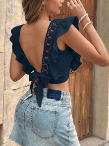 SHEIN Frenchy Women's Casual Solid Color Patchwork Lace Ruffle Hem Cropped Shirt, Summer,Summer Top - Blue - View 9