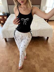 SHEIN Women's Bow Tie Camisole And Lace Ruffle Hem Pants Pajama Set - Black and White - View 5
