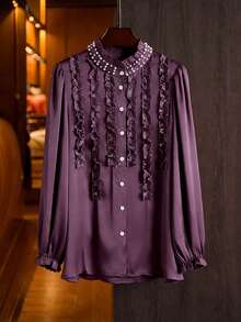 Modelyn Elegant Solid Color Ruffle Collar Long Sleeve Fitted Plus Size Blouse, Suitable For Spring And Autumn Elegant Blouse For Women - Purple - View 4