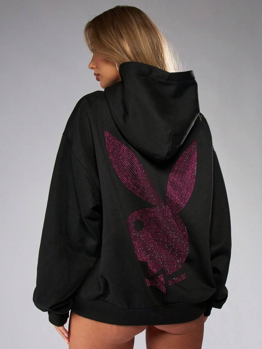 Missguided x Playboy Áo hoodie cỡ lớn đính đá lấp lánh với logo và thiết kế trang trí cầu kỳ, thích hợp cho phong cách đường phố thường ngày mùa đông và thu. - màu đen - Xem 1