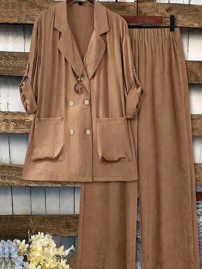 Linhara Plus Size Khaki Textured Casual & Office Suit Set