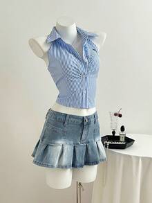 Elamini Y2K Women Low Waist Fashionable Washed Pleated Denim Mini Skirt - Light Wash - View 4