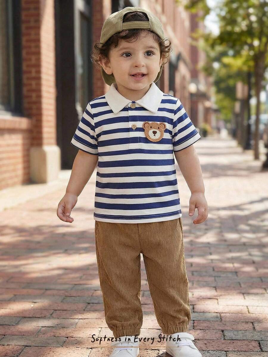 Cozy Pixies 2件套男婴卡通熊条纹polo领短袖半拉链套头卫衣和松紧腰裤套装