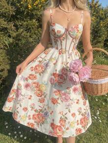 SHEIN MOD Đầm midi không tay dành cho nữ với họa tiết xương cá hoa. - Nhiều màu - Xem 2