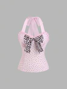 Sweetra 女士粉色爱心印花蕾丝拼接V领系带露背短款上衣，优雅甜美浪漫休闲度假沙滩装，春夏款 - 粉色 - 查看 1