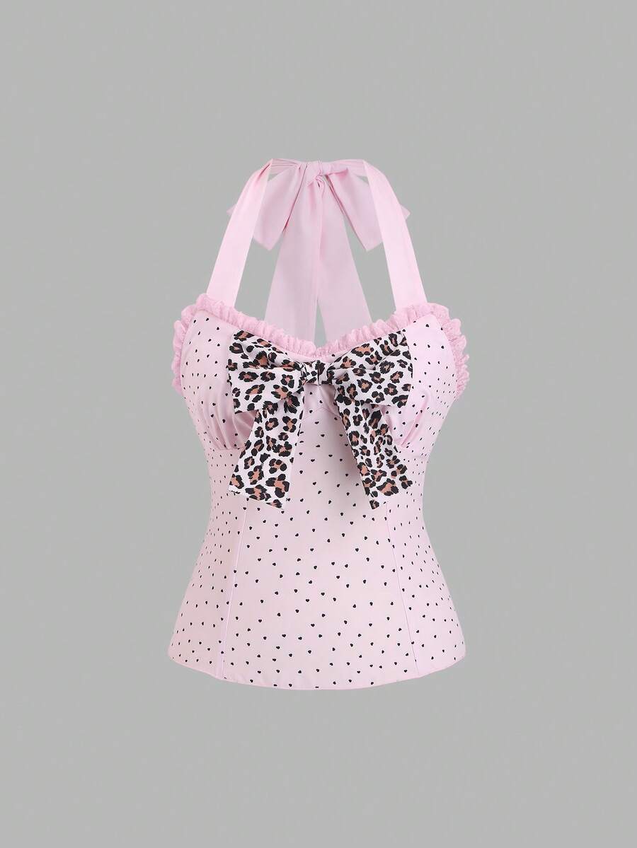 Sweetra 女士粉色爱心印花蕾丝拼接V领系带露背短款上衣，优雅甜美浪漫休闲度假沙滩装，春夏款 - 粉色 - 查看 1