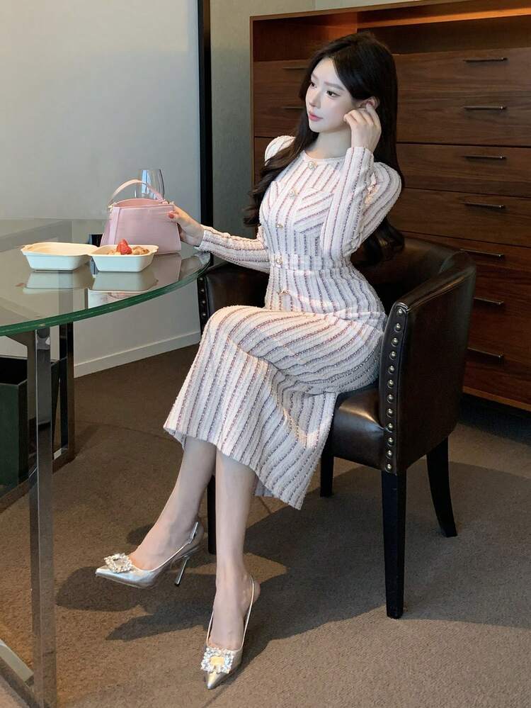 Spring & Summer Textured Pink & White Striped Patchwork Cocktail Dress, Elegant Formal Gown For Wedding, Party, Banquet With Metal Buckle Decor, Long Sleeve Slim Waist Midi Dress For Commute Sundress
