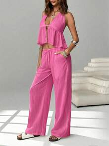 SHEIN EZwear 女士性感露背系带吊带背心和阔腿裤套装，夏季海滩度假风 - 玫紅色 - 查看 4