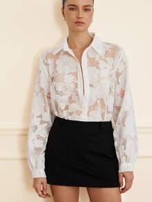 Aveloria Rosie Fashionable Perforated Floral Print Long Sleeve Shirt, Versatile European Style For Autumn/Winter - White - View 6