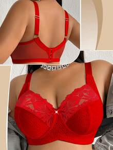 DesireSculpt 1pc Plus Size Lace Patchwork Wireless Bra - Red - View 6