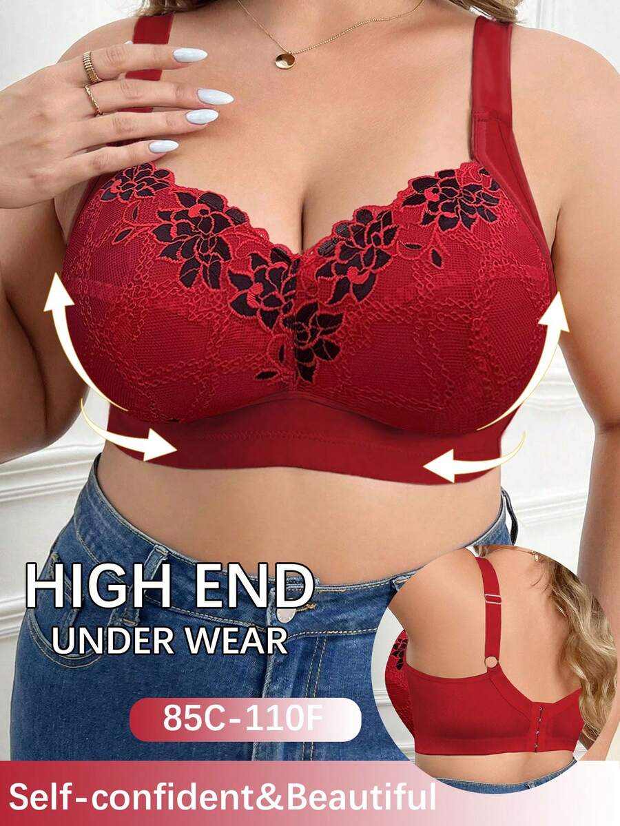 DesireSculpt 1pc Plus Size Lace Patchwork Wireless Bra - Red - View 1