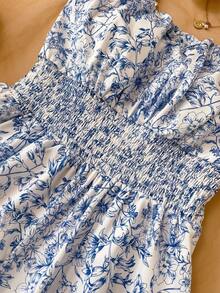 女童碎花连体裤，修身腰部设计，荷叶边下摆，休闲度假装，春夏款 - 淺藍色 - 查看 3